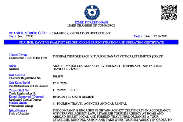 Trading Certificate From The Chamber of Commerce (The Health Store Turkey)