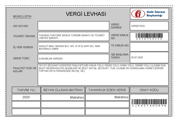 Vat Registration Certificate (The Health Store Turkey)